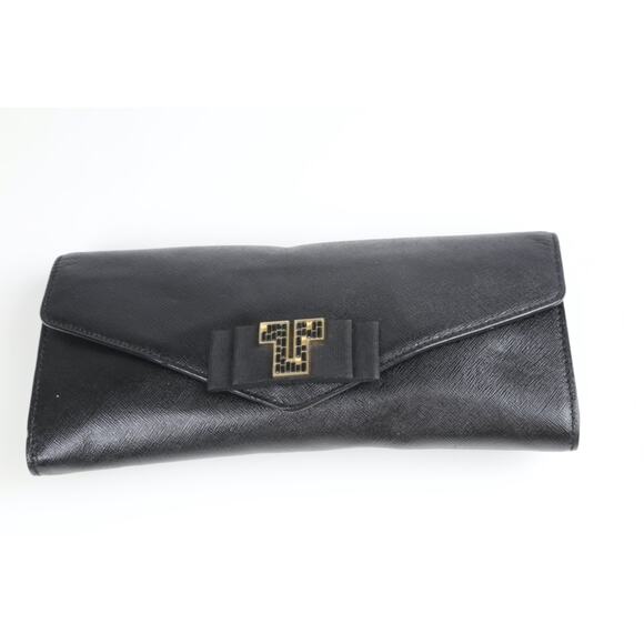 Tory Burch Black Deco Saffiano Leather Clutch Bag Evening Elegant Chic Purse - Picture 3 of 16
